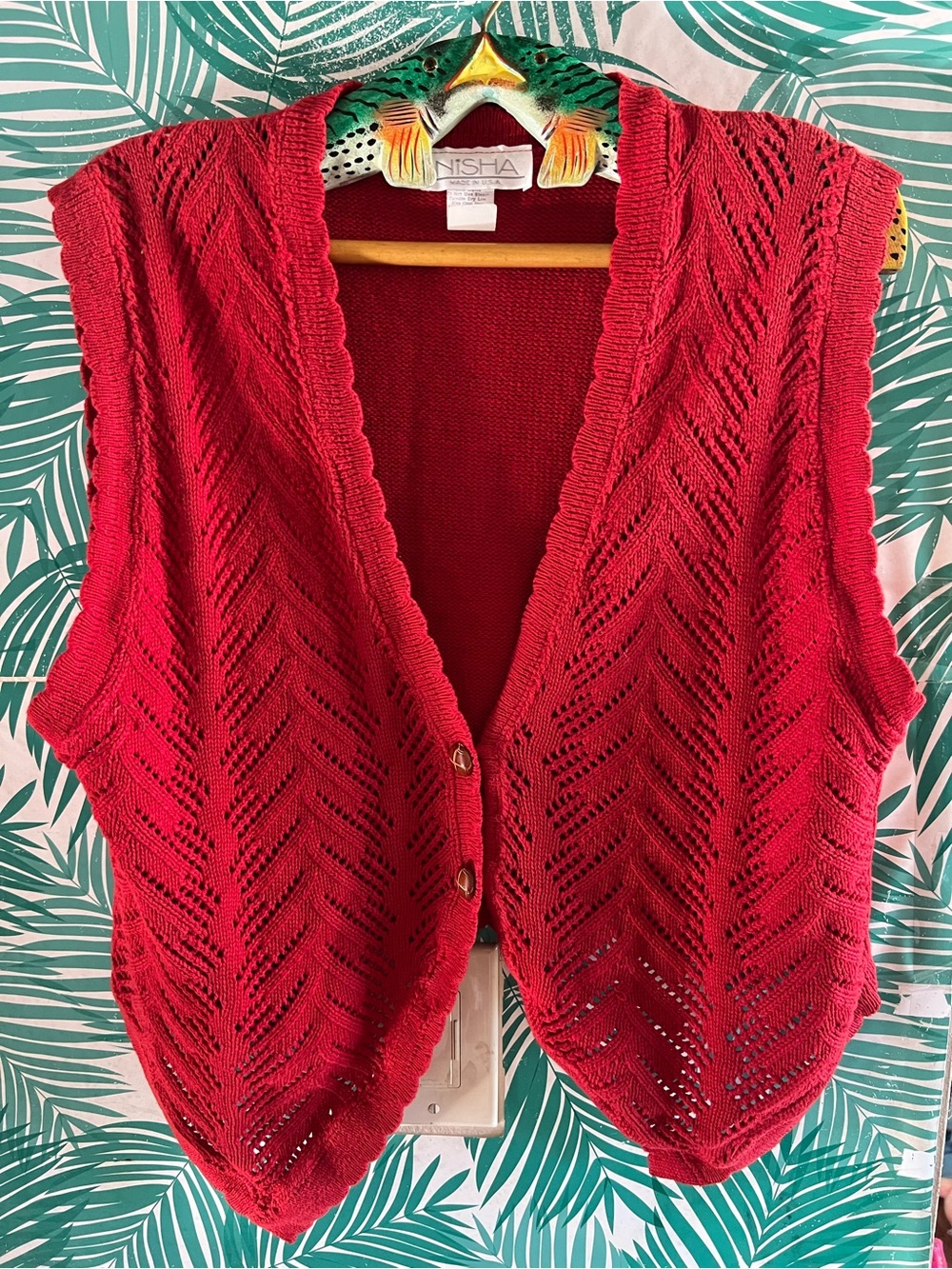 Vintage Nisha Red Chevron Knit brown Button-Front Sweater Vest Sz M/L made inUSA